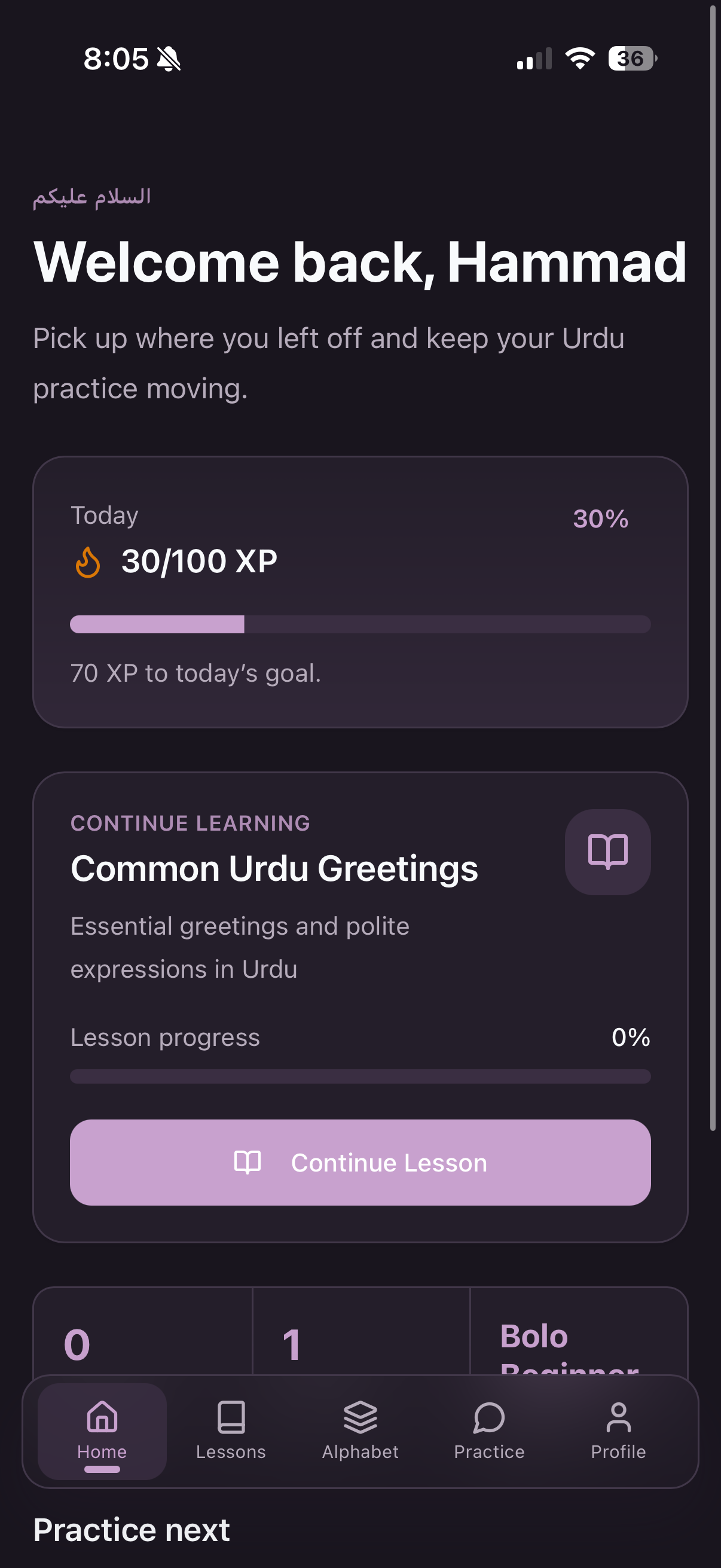 Bolo home screen in dark mode showing Common Urdu Greetings lesson