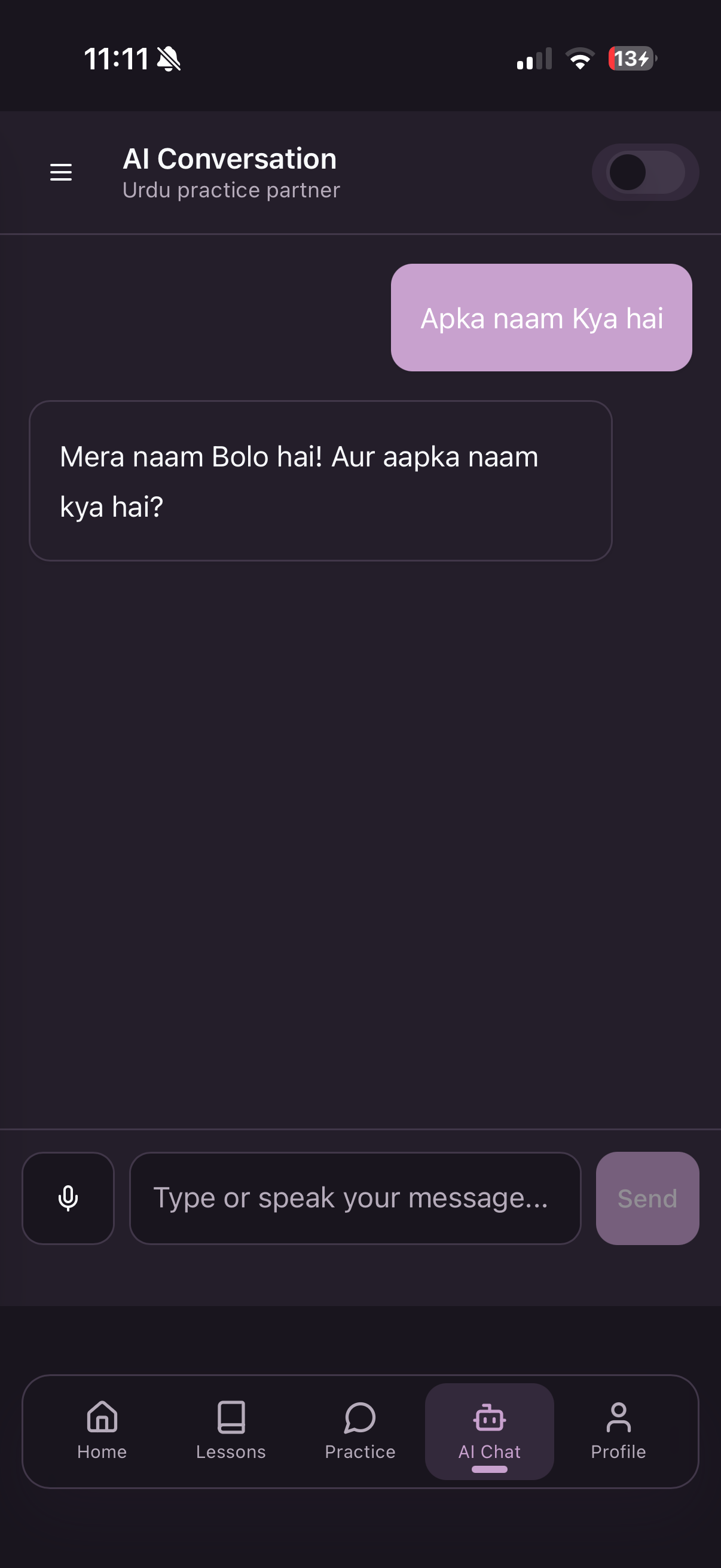 Bolo AI Conversation screen: an Urdu practice partner replying to a message in romanized Urdu